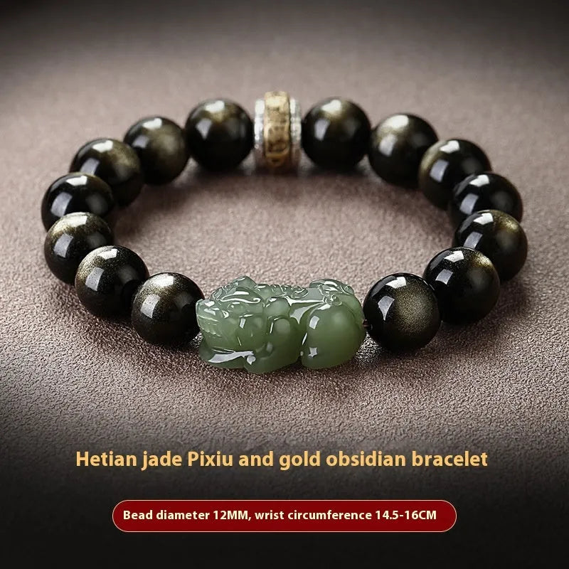 Natural Rainbow Eye Obsidian crystal bracelet in Gold Obsidian or Jade Pi Xiu colours, showing 10mm, 12mm and 14mm bead size options.