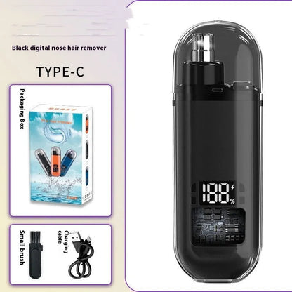 Rechargeable nose hair trimmer with digital display, cleaning brush, and USB charger