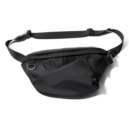 Black men's slanted chest bag with sewing line detailing and 8-inch Oxford fabric construction