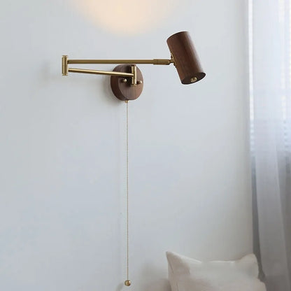 Retro wooden wall lamp with long rotating arm and integrated switch for adjustable spotlighting