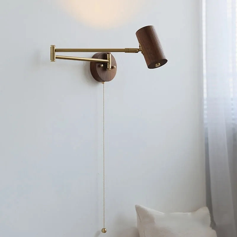 Retro wall lamp with rotating left-right arm and integrated switch, featuring walnut wood finish and adjustable spotlight using standard E27 bulb sockets, suitable for accent lighting in living rooms and bedrooms.