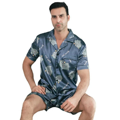 Men's ice silk short sleeve pajama set in cardigan style with top and pants
