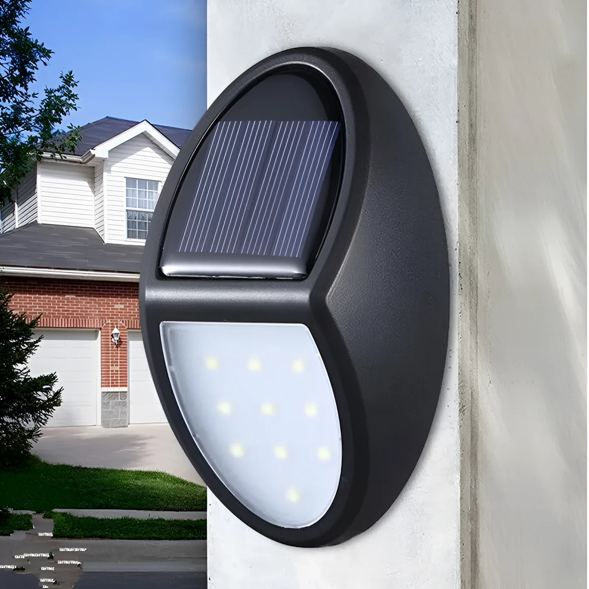 Black rectangular LED solar wall light with solar panel on top for outdoor security.