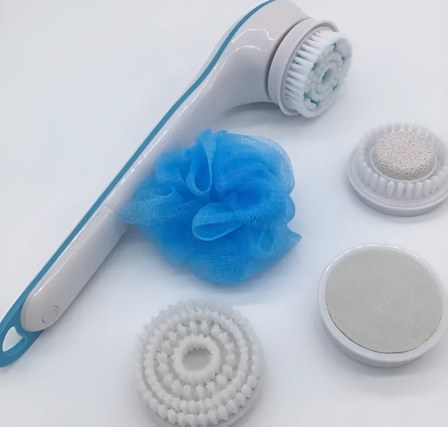 Electric spin spa bath brush with rotating head, shown in its colour presentation box.