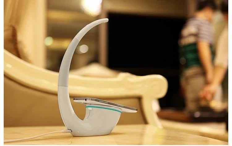 Stylish wireless charging table lamp with minimalist design, touch controls, and energy-efficient LED lighting