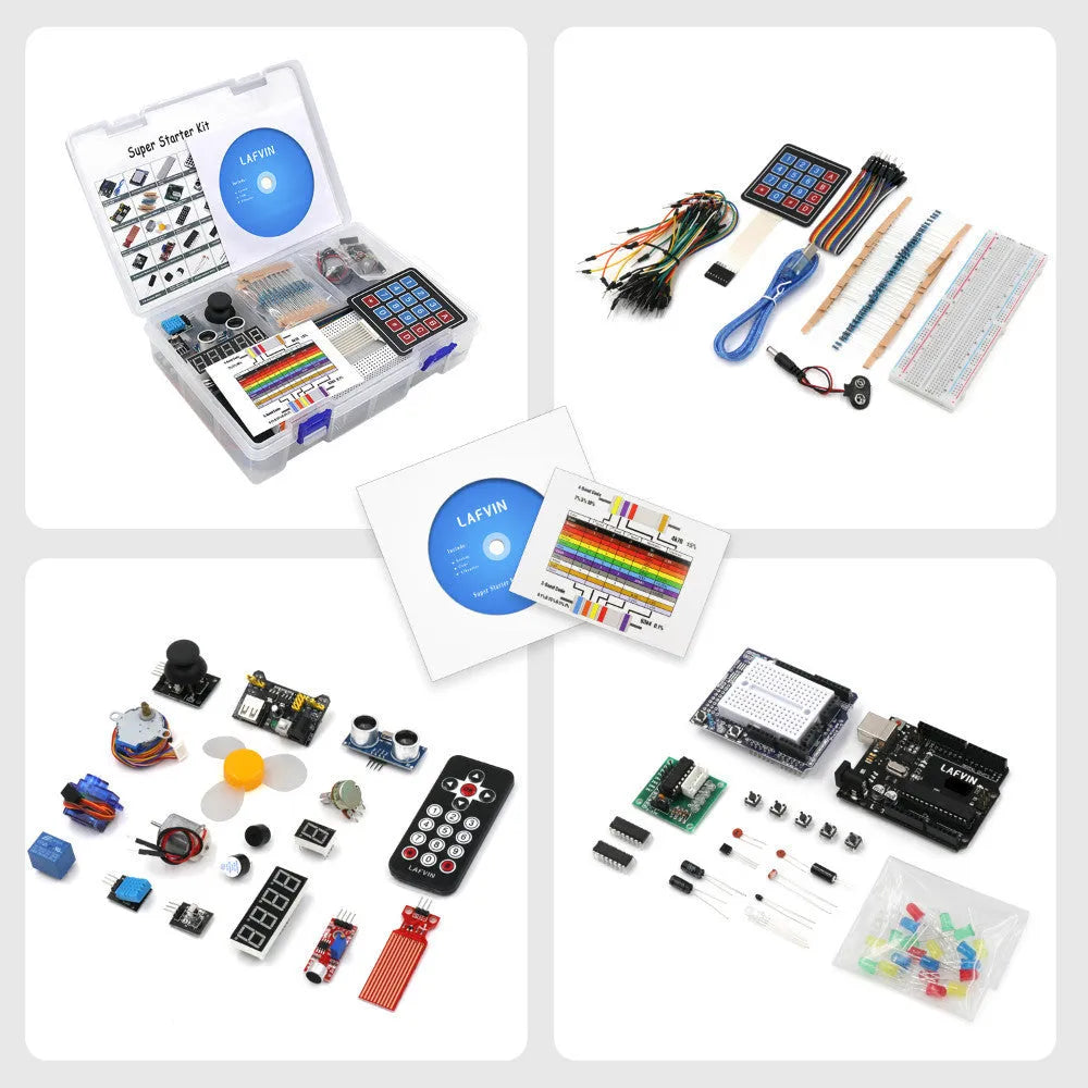 LAFVIN Arduino UNO R3 Super Starter Kit with blue board, components, breadboard, and CD.