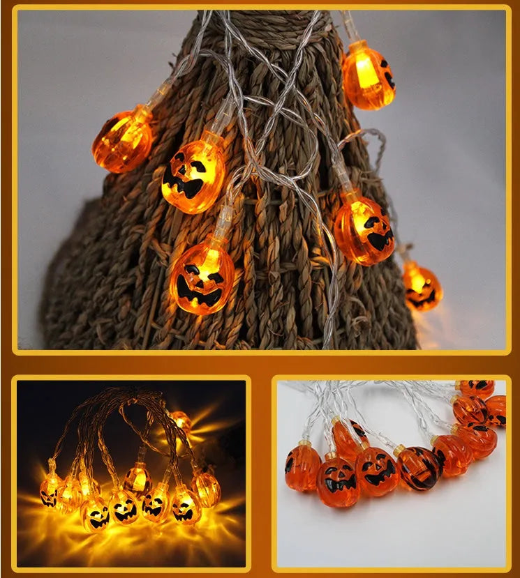 Halloween LED string lights with bat, ghost, and pumpkin pendants on a 1.2 metre white cable.