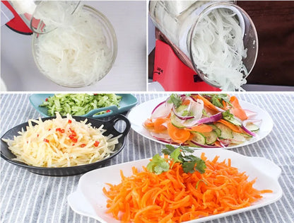 Blue multifunctional round mandoline vegetable slicer and cheese grater with stainless steel blades on a kitchen counter.