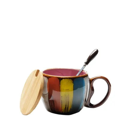 Handmade ceramic mug with lid and spoon in blue, green, yellow, or pink colours