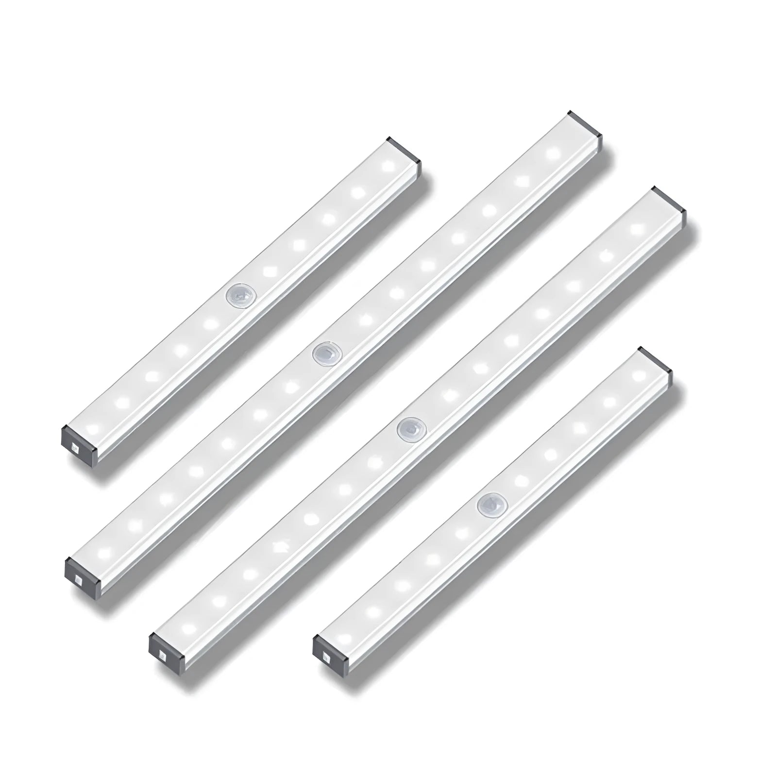 A matte aluminium LED closet light with a magnetic back, shown mounted inside a wooden wardrobe.