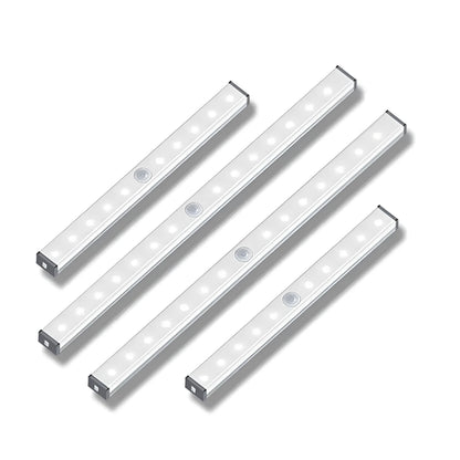 A matte aluminium LED closet light with a magnetic back, shown mounted inside a wooden wardrobe.