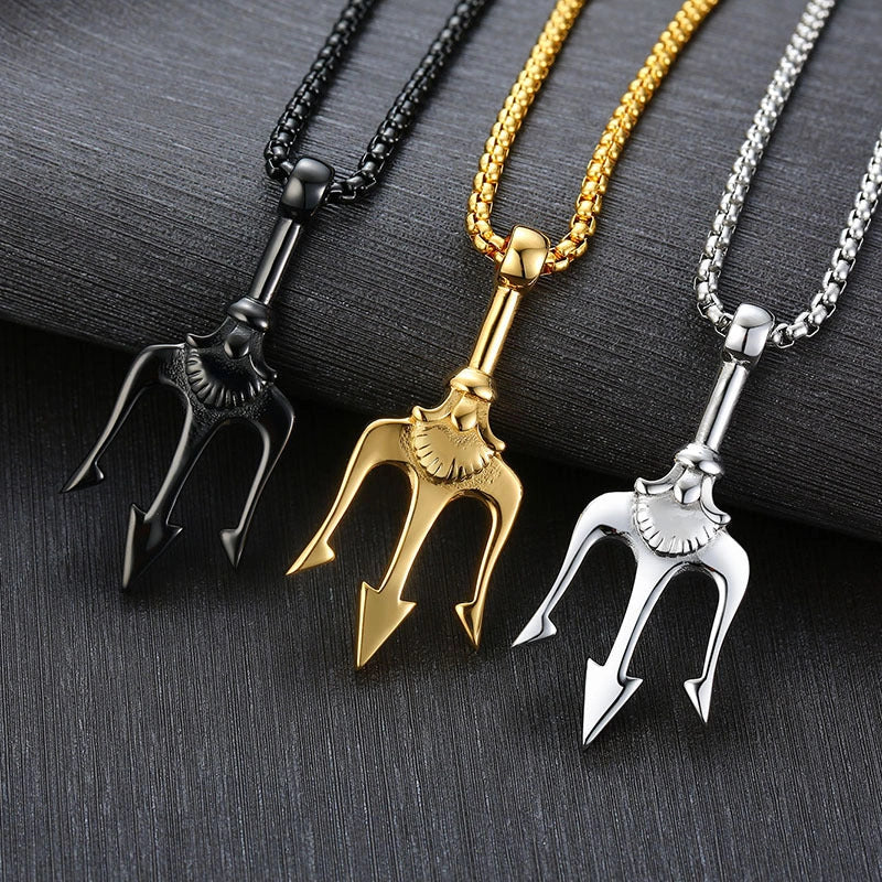 Neptune's Trident Titanium Steel Pendant Necklace in classic silver, night black, and local gold