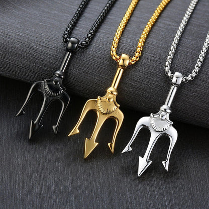 Neptune's Trident Titanium Steel Pendant Necklace in classic silver, night black, and local gold