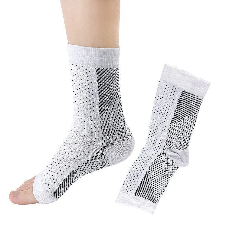 Korean-style sports compression socks in black, white, skin colour, and copper colours with short tube design