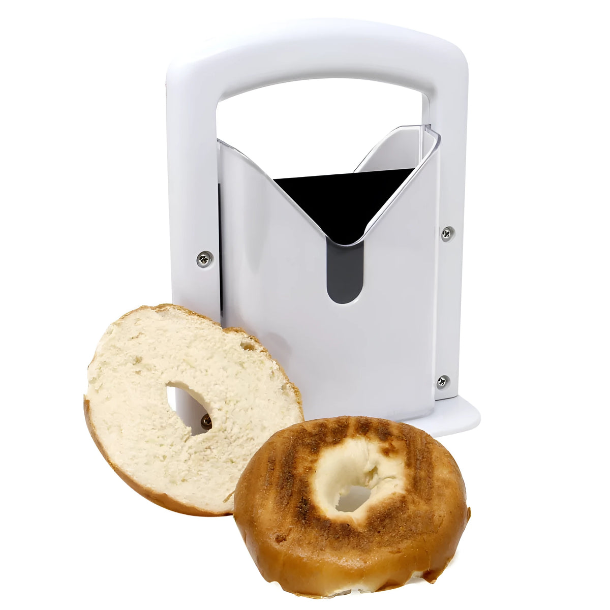 White plastic bagel slicer with clear safety shields and stainless steel blade