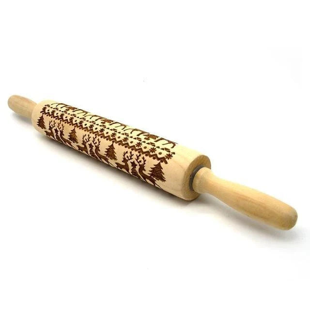 Festive rolling pin with embossed Christmas designs for easy imprinting on dough