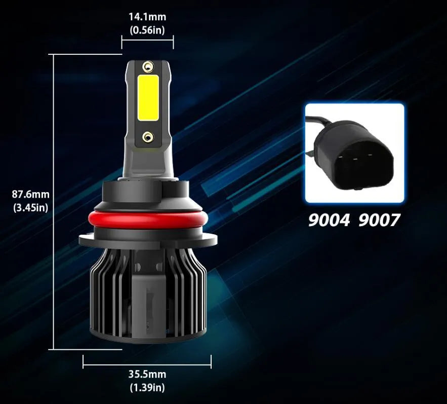 Close-up of a 6000K white LED car headlight bulb with adjustable chuck and connector, showing compact design.