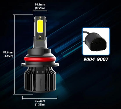 Close-up of a 6000K white LED car headlight bulb with adjustable chuck and connector, showing compact design.