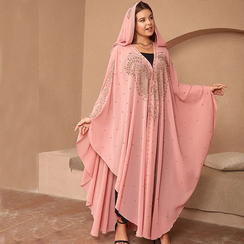 Purple chiffon Muslim style shawl with rhinestone beaded trim laid flat showing its long length.