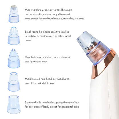 Electric blackhead remover device with five suction nozzle attachments, shown in black colour.