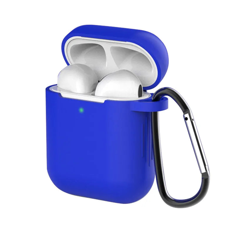 Liquid silicone clamshell case for Apple AirPods 1st and 2nd generation, shown in navy blue colour.