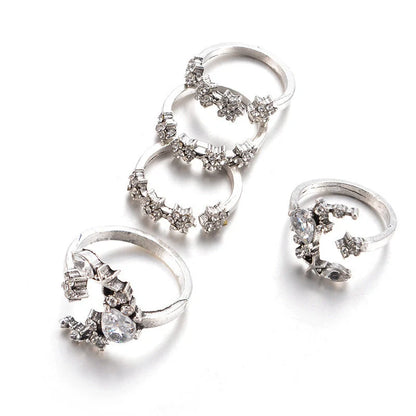 Diamond Set Ring with Star and Moon Crystal Design in Silver