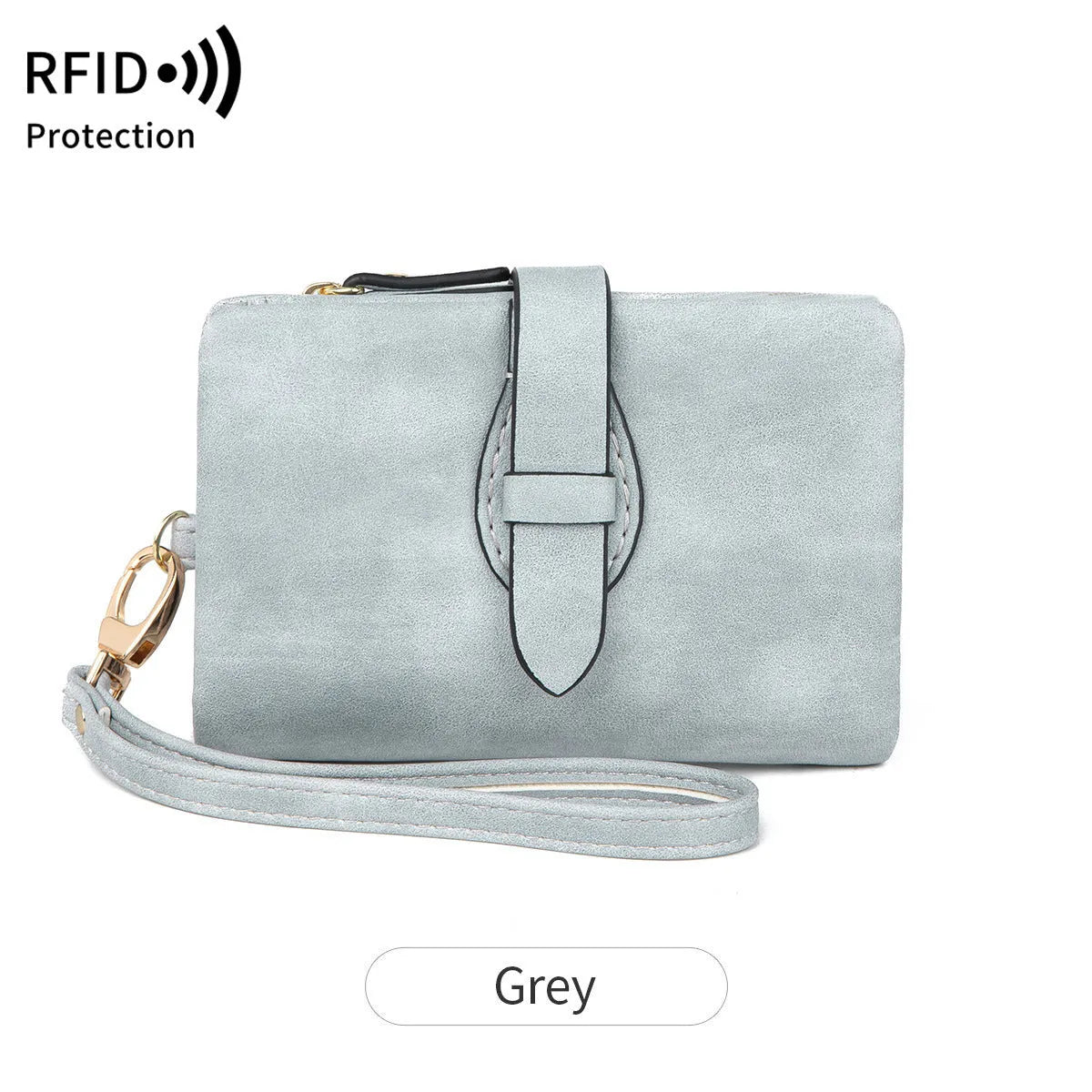 RFID women's short wallet in PU leather with sewing line detail, available in eight colours