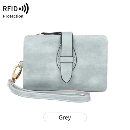 RFID women's short wallet in PU leather with sewing line detail, available in eight colours