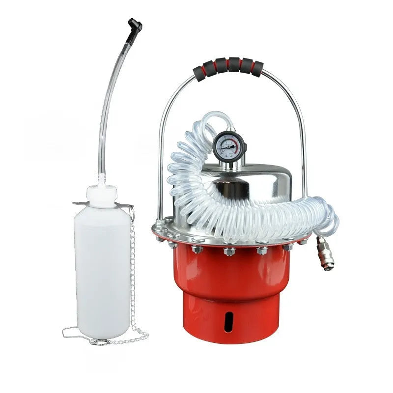 Pneumatic brake fluid replacement machine with pressure gauge, manual regulator, and transparent drain pipe