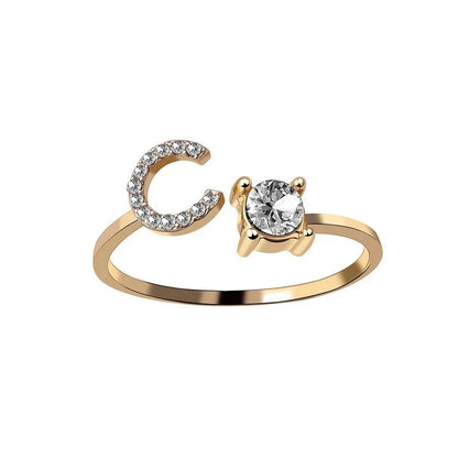 Personalized Initial Letter Crystal Ring with Adjustable Design in Gold, Silver, and Rose Gold Colors