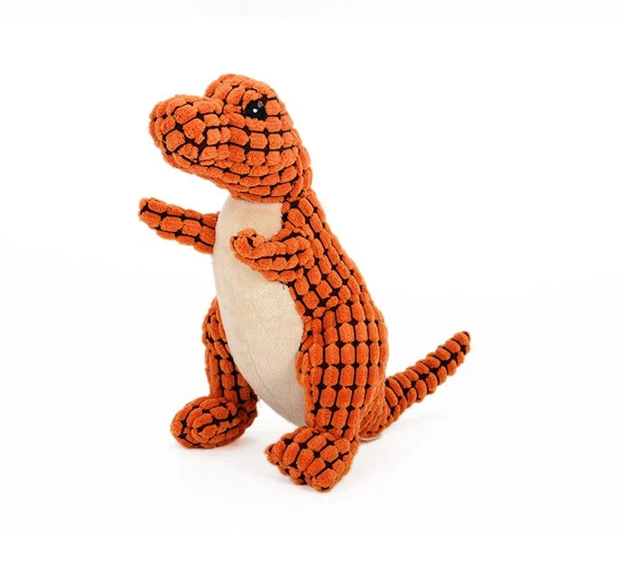 Durable dinosaur-shaped dog toys made of corn velvet and plush filling, available in multiple colors and sizes for large and small pets