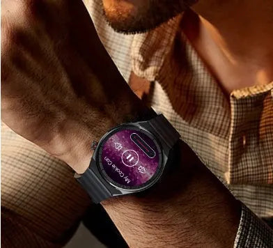 Black or silver smartwatch with a 1.39-inch glass screen on a silicone, steel, or leather-look strap.