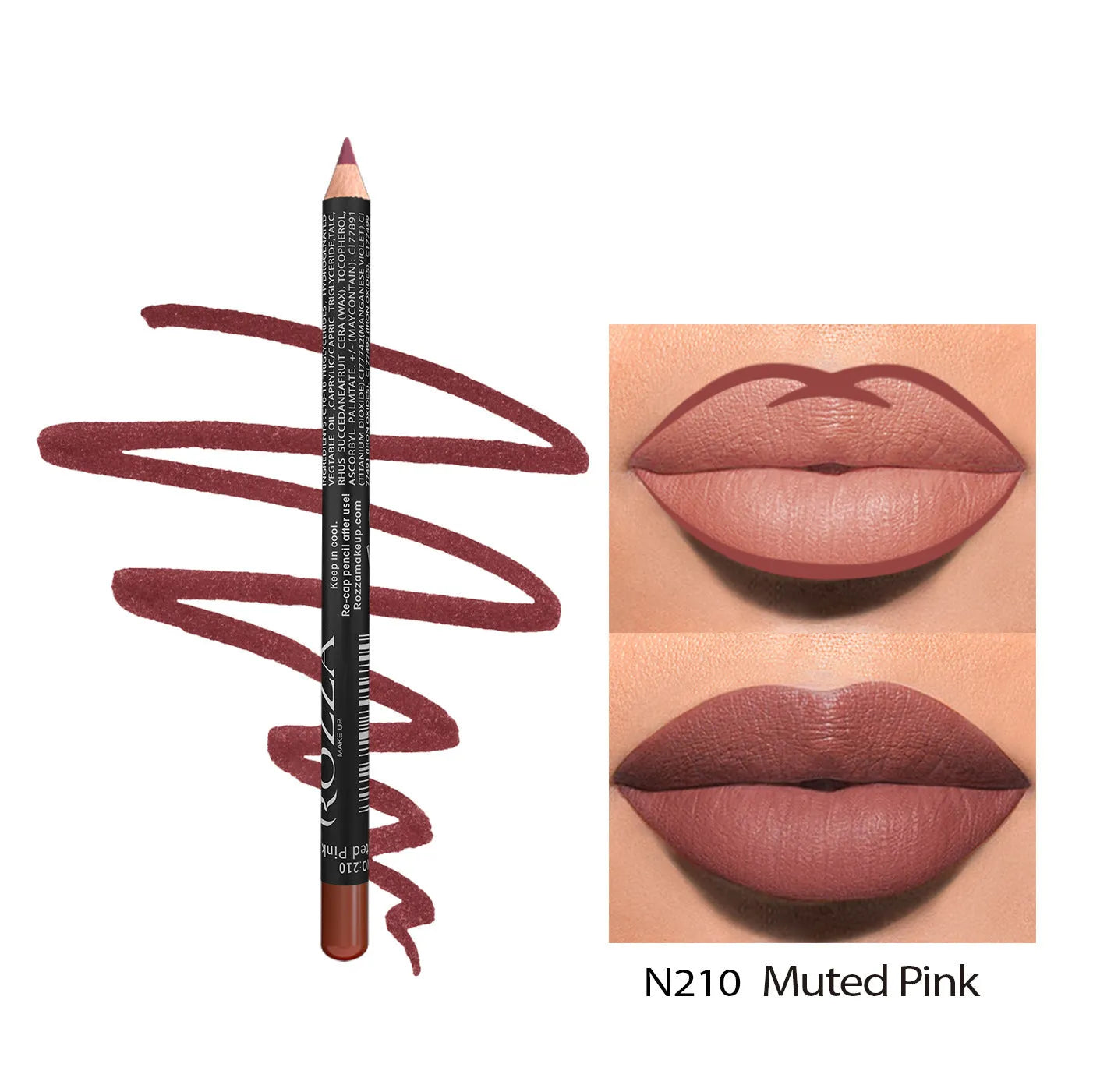 Matte finish lip liner pencil shown in a case, with 14 shade options from 201 to 214 for lip contouring.