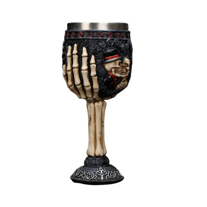 Red wine glass with stainless steel stem and detailed resin couple skeleton decoration, 200ml capacity