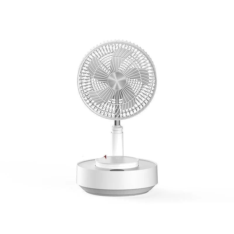 Green rechargeable floor fan with humidifier in extended position showing telescopic design
