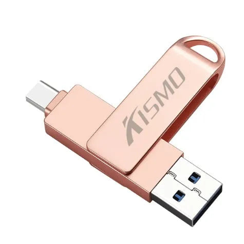 Metal dual-use USB flash drive for Apple and Android with USB 3.0, shown in Black, Gold, Pink, and Silver.