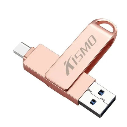 Metal dual-use USB flash drive for Apple and Android with USB 3.0, shown in Black, Gold, Pink, and Silver.