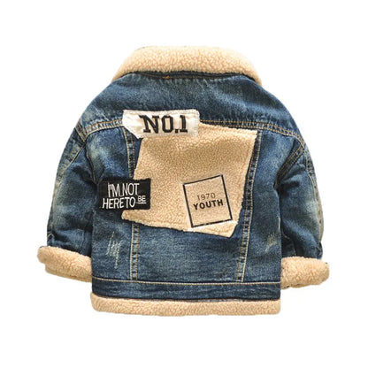 Children's denim jacket with faux fur collar, plus velvet lining, square collar, denim blue, Korean style, sizes 90-140cm