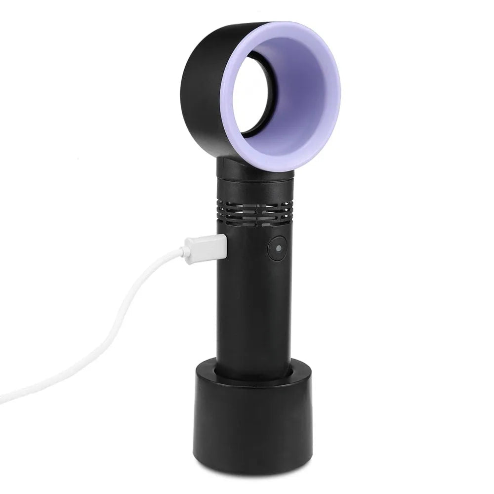 Portable bladeless fan with USB cable and base, showing compact design and bladeless airflow