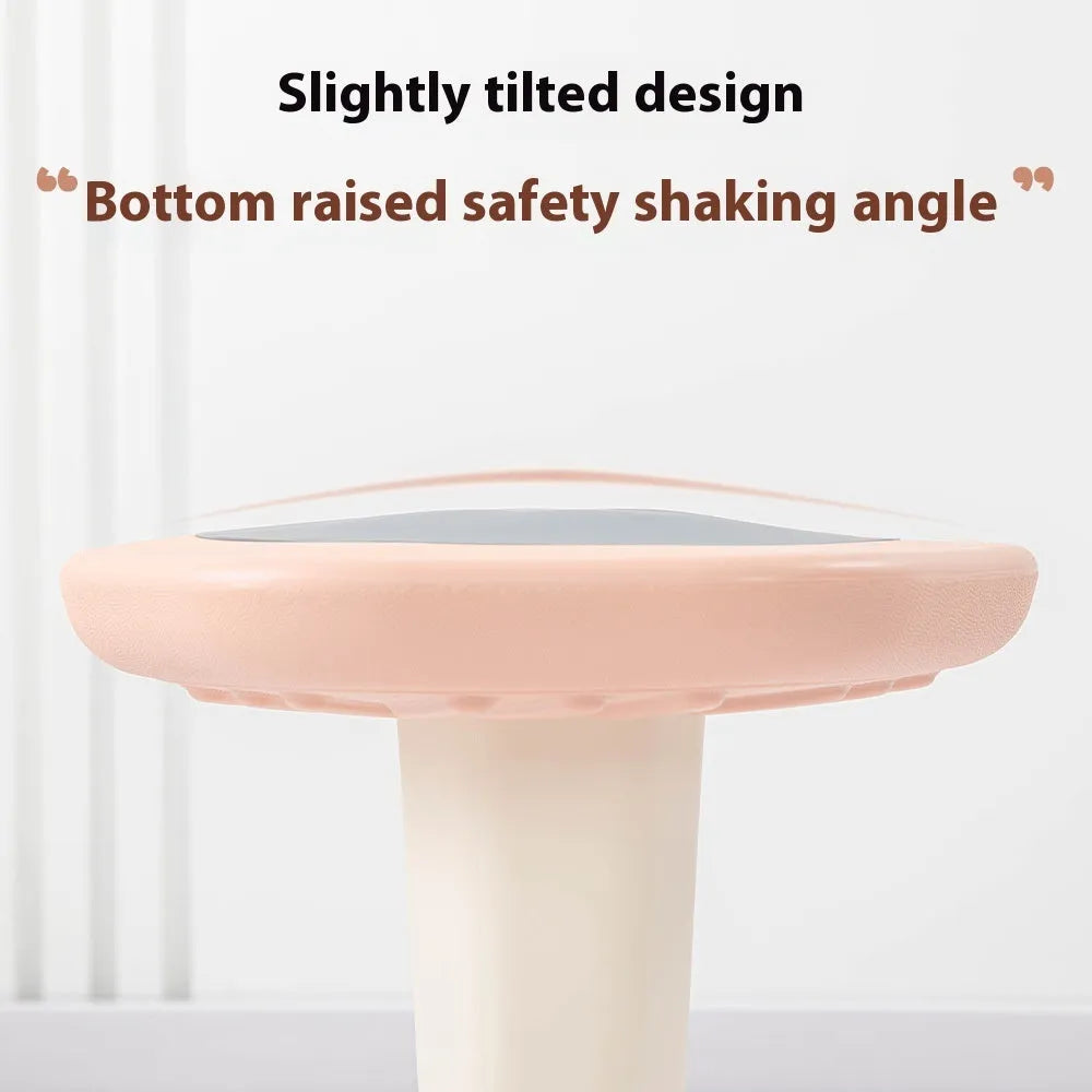 Balance children's plastic rocking stool in blue colour on a wooden floor.