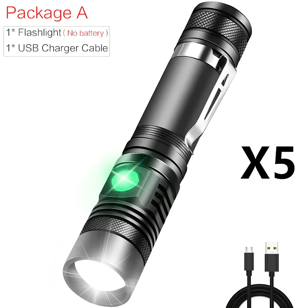 Black WT518 T6 LED flashlight with zoomable head and clicky switch, showing compact 15cm aluminium body