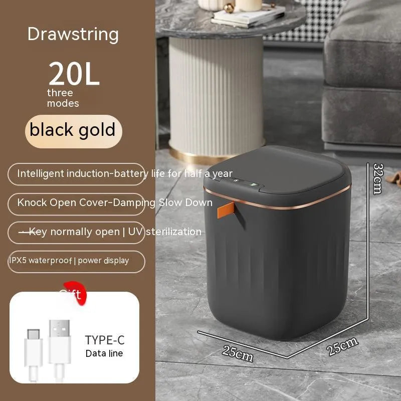 White smart induction trash can with automatic opening lid for kitchen or bathroom use