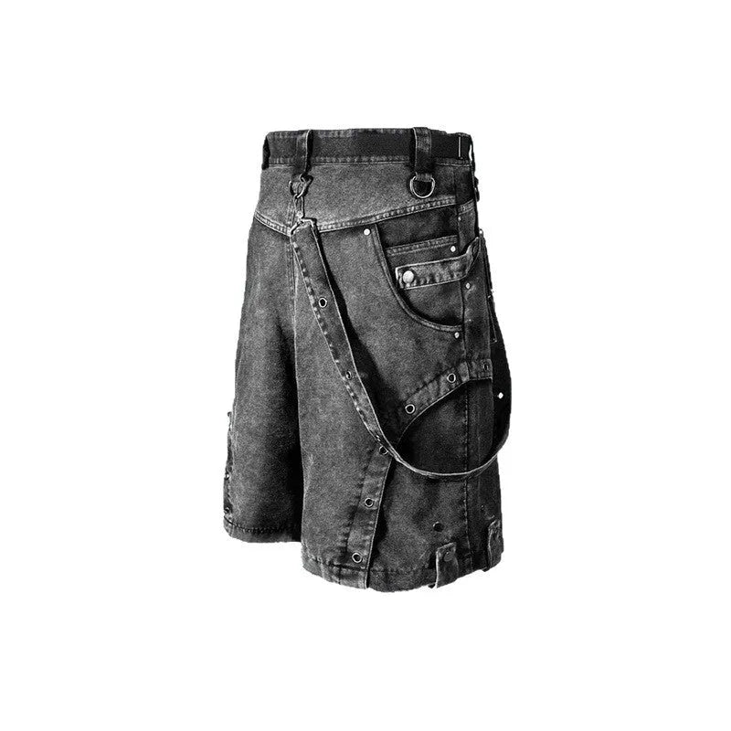 A pair of light blue loose fit high-waisted denim shorts with a retro washed colour, laid flat.