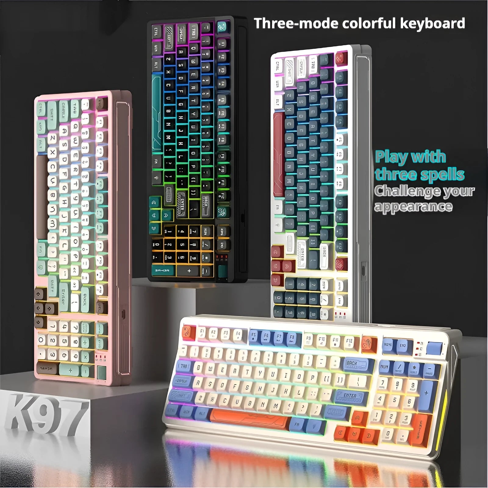 RGB illuminated plastic desktop keyboard with a long cable, shown in various colour options.
