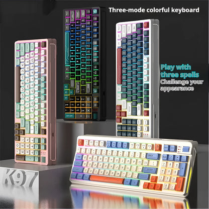 RGB illuminated plastic desktop keyboard with a long cable, shown in various colour options.