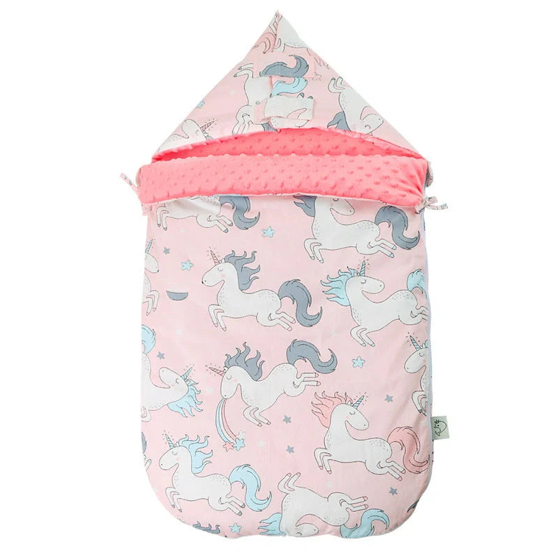 Newborn baby blanket with warm fleece and stroller cover in pink horse design