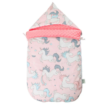 Newborn baby blanket with warm fleece and stroller cover in pink horse design