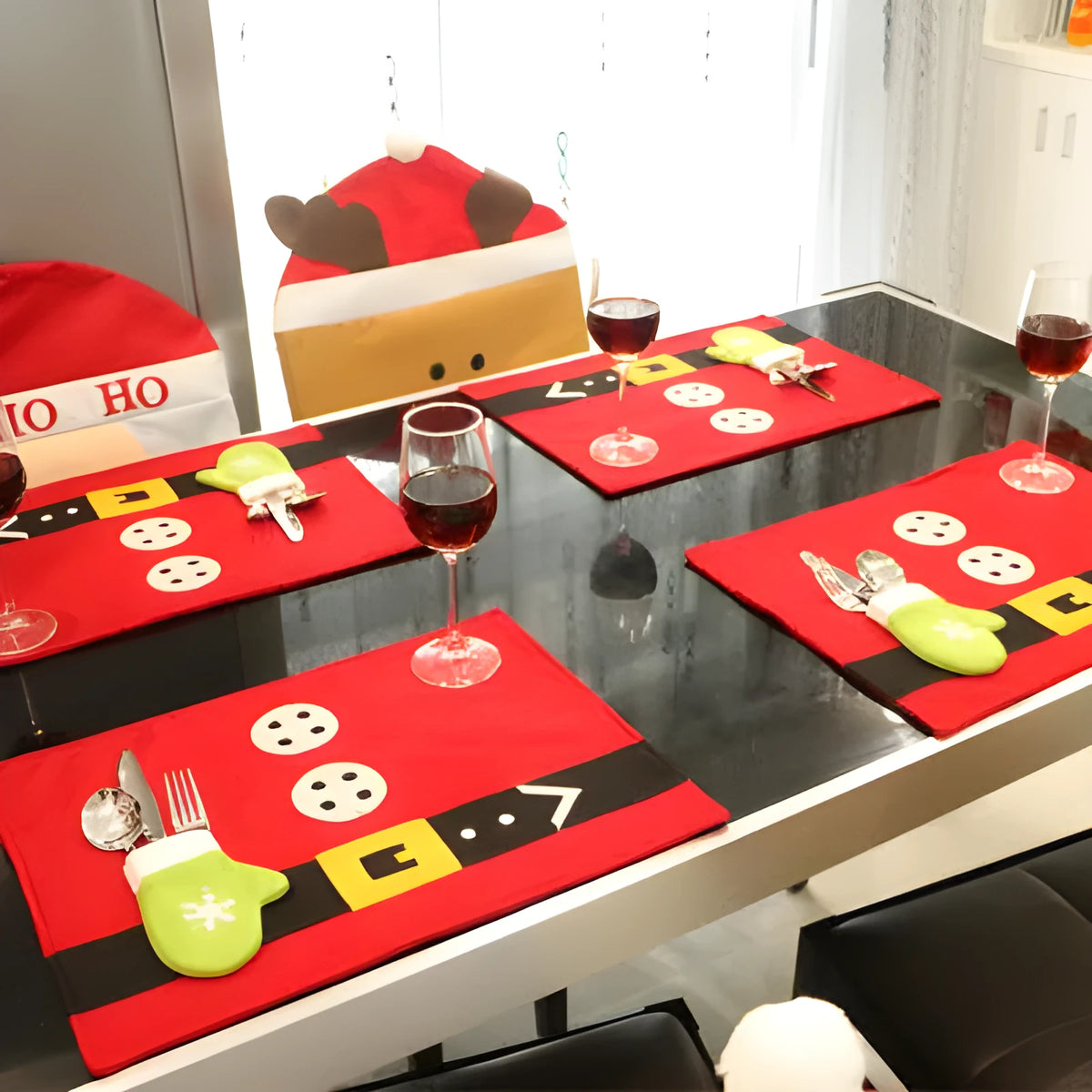 Red Christmas table mat 45cm x 33cm with sewn knife and fork bag design for festive table settings