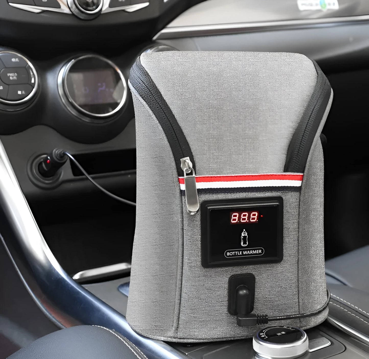 Grey Oxford cloth car USB baby bottle warmer with electronic display and hanging buckle