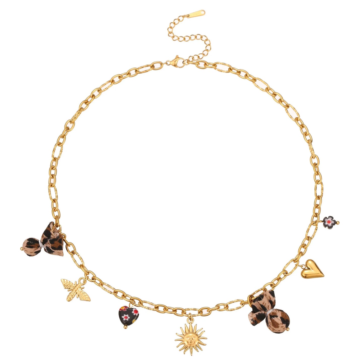 Women's adjustable stainless steel necklace with geometric leopard pendant featuring heart and flower decorative elements